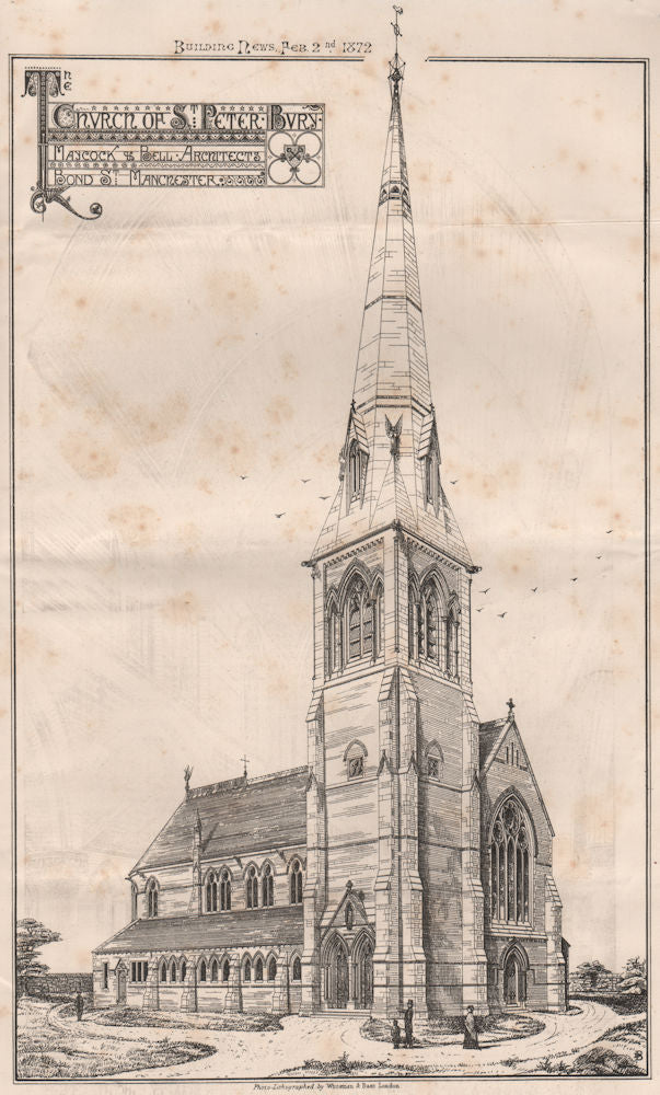 St. Peter's church, Bury; Maycock & Bell Architects (2) 1872 old antique print